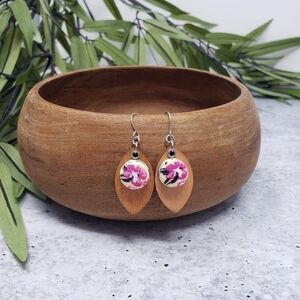 New Handmade | Floral Print Wooden Leaf Earrings